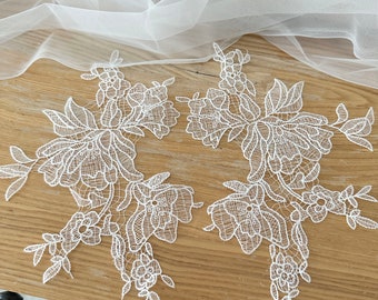 1 Pair Crochet Applique lace ,  floral embroidery lace applique, bridal applique, wedding gown veil applique, lace motif ,  hair headpiece