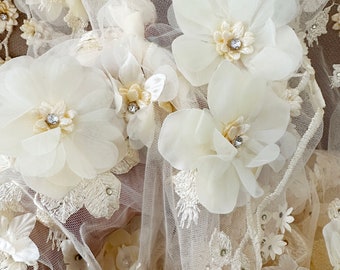 Tela de encaje de flores con cuentas 3D de lujo amarillo de 1 yarda en salmón, tela de encaje de vestido de novia festoneado, tela de alta costura