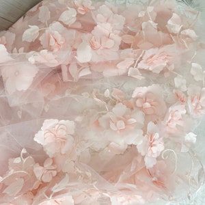 3D Full Blossom Flower Tulle Lace Fabric in Blush Pink Blue , Wedding Gown Bridal Dress Prom Dress Fabric by Yard