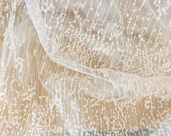 1 Yard Soft Strpe Clear Sequin Wedding Lace Embroidery Floral Off-White Drape Lace Fabric for Bridal Gown Dress Train Wedding Veils
