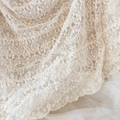 Vintage Style Double Scallop Cotton Lace Fabric in Beige, French Tulle Lace Fabric, Wedding Fabric, Cotton Embroidered Lace by Yard