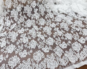 3 yards off white Chantilly lace fabric, bridal chantilly lace, French lace fabric with scalloped borders, ivory lace fabric with eyelash