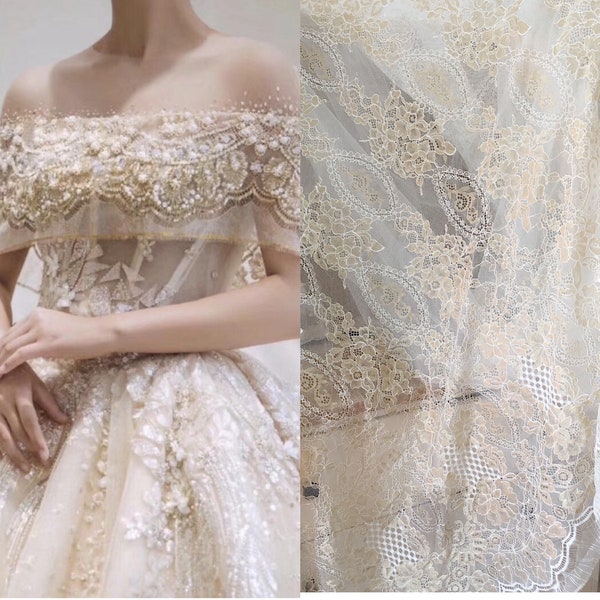 3 mètres par pièce tissu de dentelle chantilly cils or clair pour la haute couture, dentelle de tissu de mariée robe de mariée