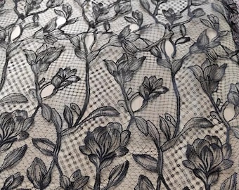 1 Yard black alencon lace fabric, crochet rose floral embroidery rose lace for wedding bridal dress skirts