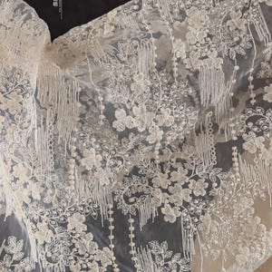Peut inclure: Tissu blanc transparent avec un motif d&eacute;licat de broderie florale et des d&eacute;tails de franges. Le tissu a une texture douce et fluide, id&eacute;al pour la cr&eacute;ation de v&ecirc;tements, d'accessoires ou de d&eacute;coration int&eacute;rieure.