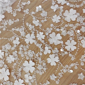 3D beaded laser cut flower embroidery lace fabric by yard for haute couture, prom dress bridal gown dress