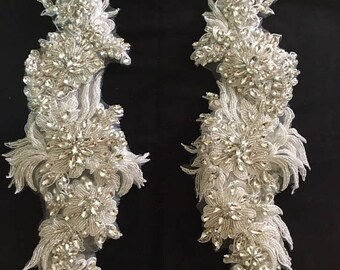 Luxury Rhinestone Beaded Lace Applique Pair , Wedding Gown Bridal Dress Emebllishment Accessories ,Crystal Beaded Bridal Applique