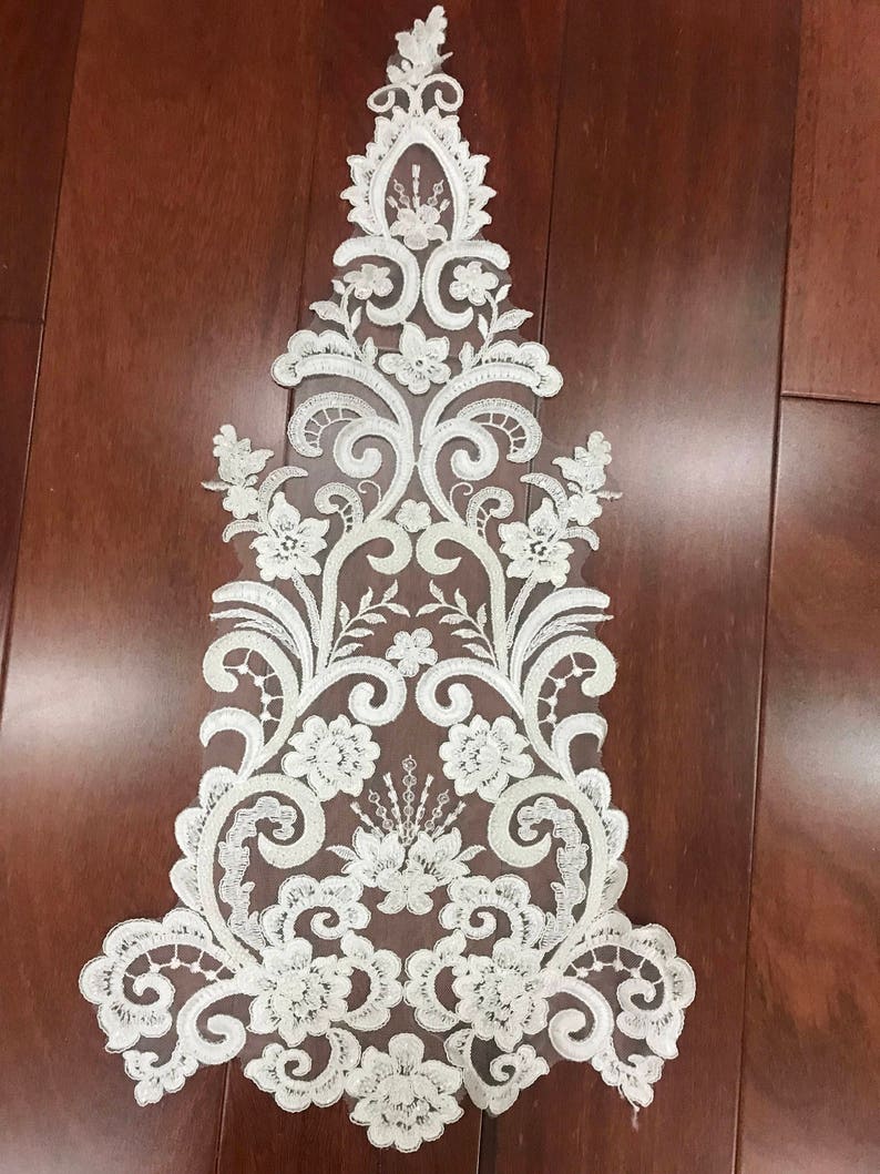 LARGE Heavy beaded bridal Applique IVORY lace beaded applique big size, Luxury wedding appliqué, Illusion back lace image 1