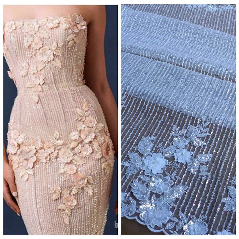1 yard Exquisite 3D Pearl Beaded Flower Lace Fabric for Haute Couture Wedding Gonw Couture Dress