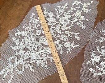 1 Pair Champagne Alencon Lace Applique, Clear Sequin Bridal Applique with Silver Thread