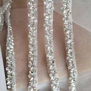 Thin rhinestone and crystal beaded lace trim for wedding belt, bridal sash, wedding gown straps ,bridesmaids belt,rhinestone hairband image 3