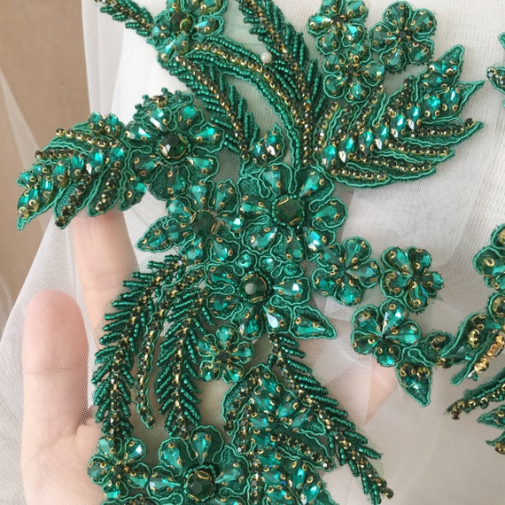 Par de apliques de encaje con cuentas de pedreria verde esmeralda accesorios de adorno de vestido de novia apliques de pajaro con cuentas de cristal Etsy Mexico