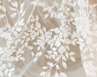 1 Yard Laser Cut Flower  Wedding Lace Embroidery Floral Off-White Drape Lace Fabric for Bridal Gown Dress Train Wedding Veils