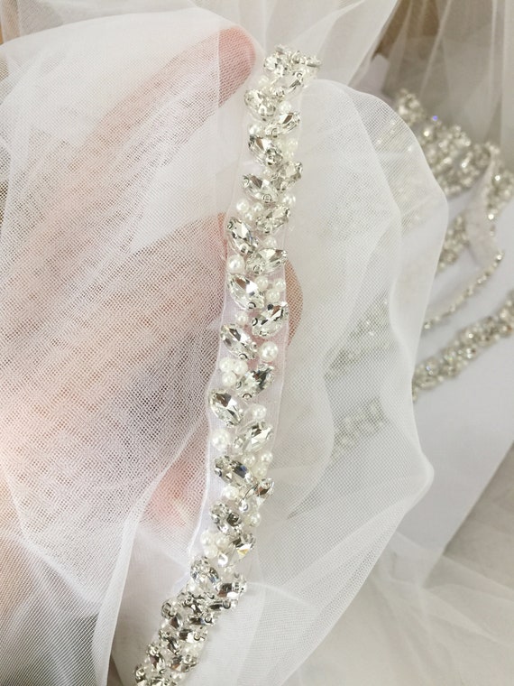 Slim and Thin Rhinestone Pearl Beaded Lace Trim for Bridal  display picture 2
