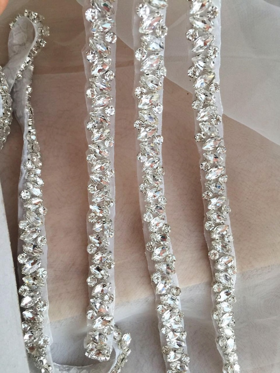 Thin Rhinestone and Crystal Beaded Lace Trim for Wedding Belt