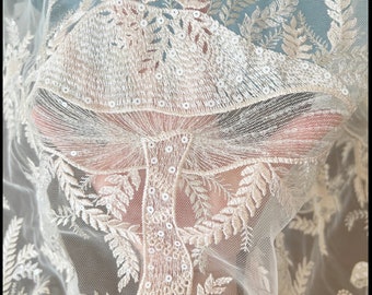 3D Beaded Chmapagne Mushroom Geometric couture lace Fabric ,Wedding Dress Bridal Lace Fabric by Yard