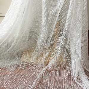 Peut inclure: Tulle blanc avec un motif d&eacute;licat de petits points blancs et de lignes ondul&eacute;es. Le tissu est transparent et a une texture douce et fluide.