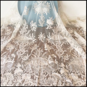 3D Beaded Chmapagne Mushroom Geometric couture lace Fabric ,Wedding Dress Bridal Lace Fabric by Yard