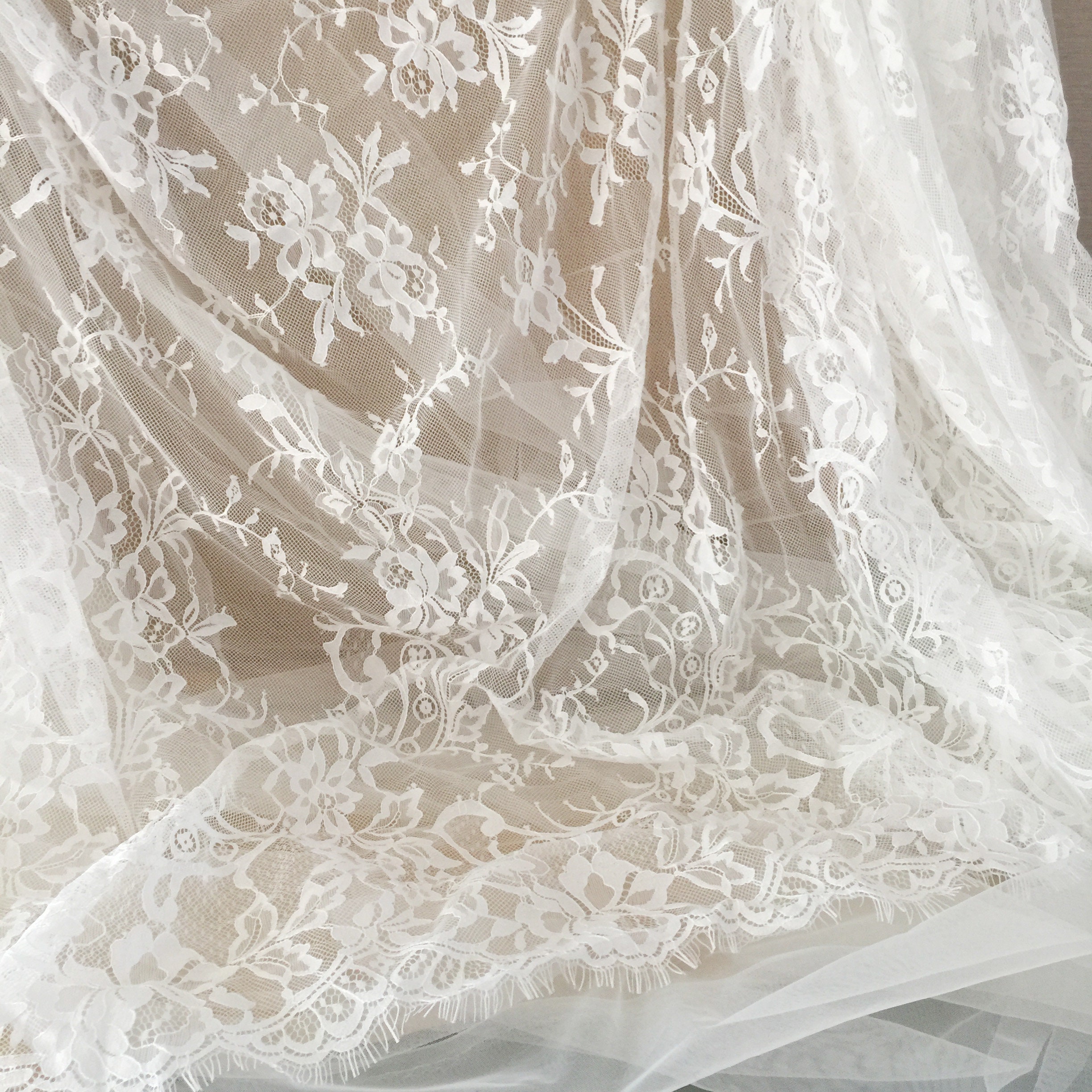 3 Meters Top Quality French Chantilly Eyelash Lace Fabric in Off White Color Prom Dress Boho Wedding Gown
