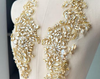 Paar gouden appliqué met strassteentjes, bruidssjerp, trouwjurk (11 x 31 cm)