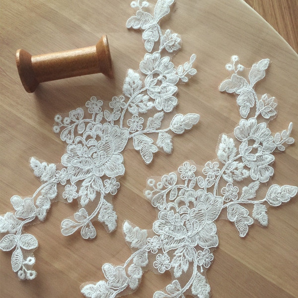 Delicate Alencon Lace Applique Pair for Wedding Veils, Bridals, Headpiece,Gowns , Wedding Cakes Decor