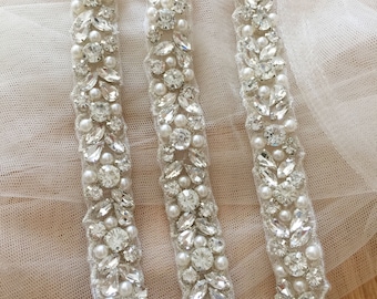 Thin rhinestone crystal beaded lace trim for wedding belt, bridal sash, wedding gown straps ,bridesmaids belt,rhinestone hairband