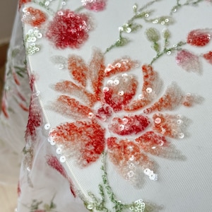 Tissu dentelle à sequins roses délicats, 1 mètre, tissu pour robe de soirée à sequins colorés avec perles 3D rose