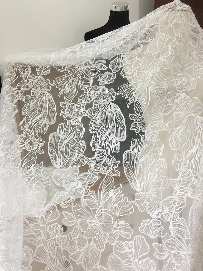 1 Yard Exquisite Sequin Leaf Floral Embroidered Dress Lace Fabric in Off White Tulle Stylish Costume Ballgown Prom Skirt Sewing lace 