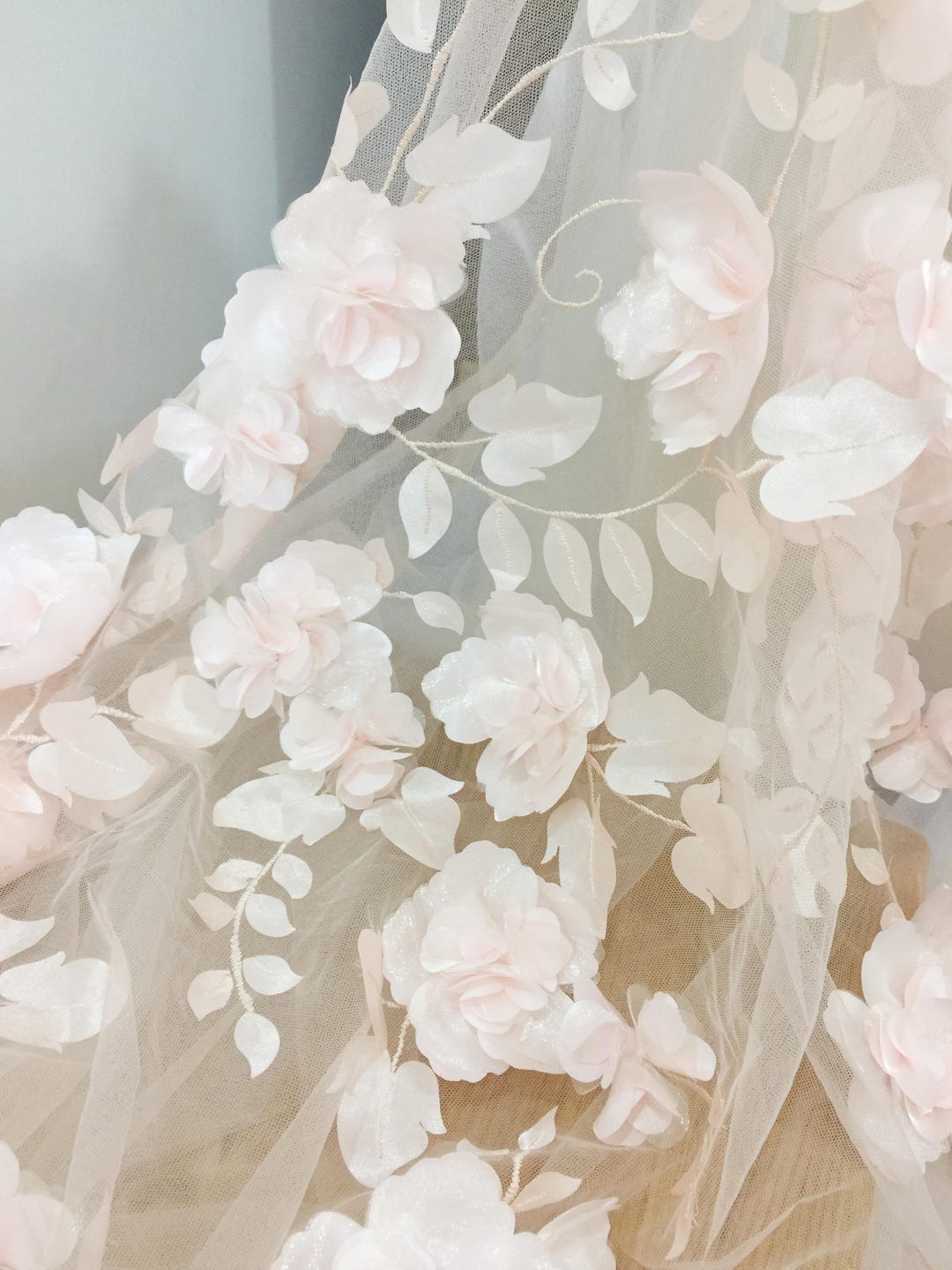 3D Full Blossom Flower Tulle Lace Fabric in Blush , Wedding Gown