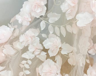3D Full Blossom Flower Tulle Lace Fabric in Blush , Wedding Gown Bridal Dress Prom Dress Fabric by Yard