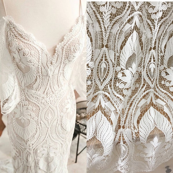 Guipure boho bridal lace fabric by yard, Boho wedding dress fabrics, Crochet lace fabric, bridal embroidered lace fabric, wedding dress lace