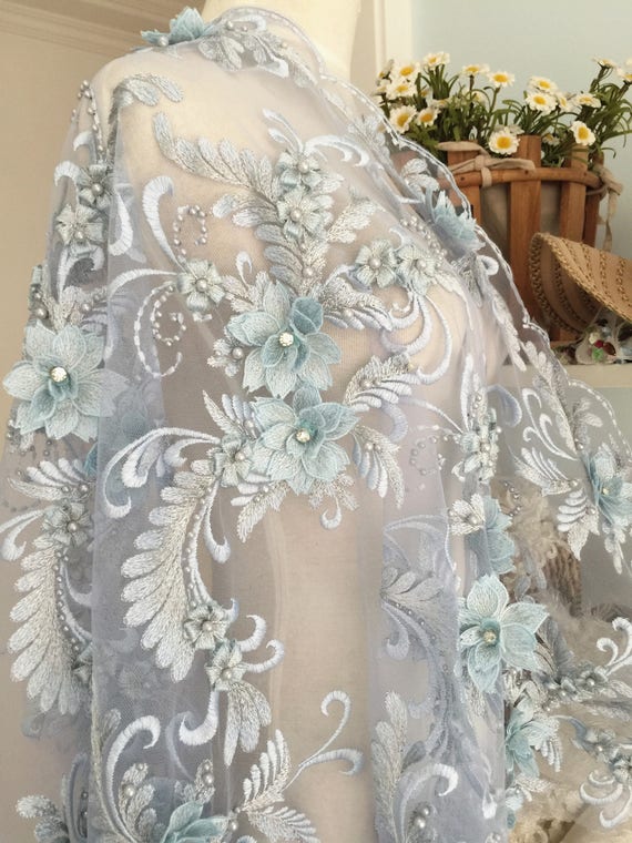 3D rhinestone beaded blossom lace fabric in smoke