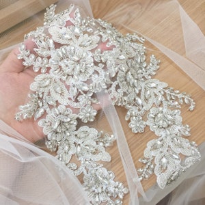 Luxury Rhinestone Beaded Lace Applique Pair , Wedding Gown Bridal Dress Emebllishment Accessories ,Crystal Beaded Bridal Applique