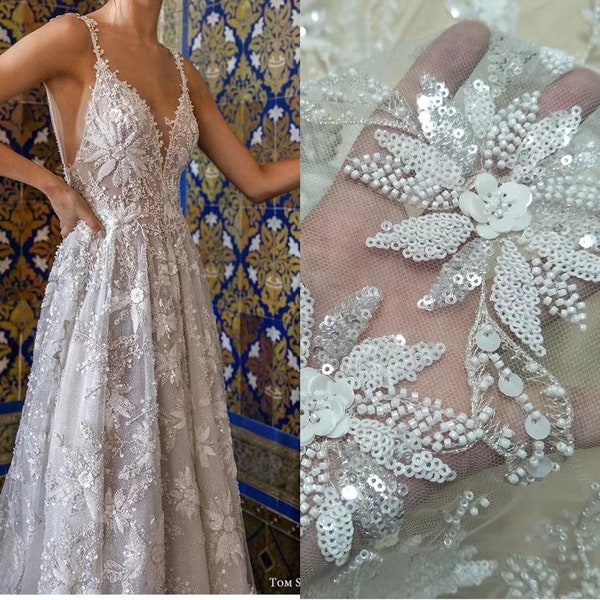 Luxury 3D Sunflower Beaded Haute Couture Fabric Lace by yard, Bridal Gown Wedding Dress Tulle Sequin Fabric