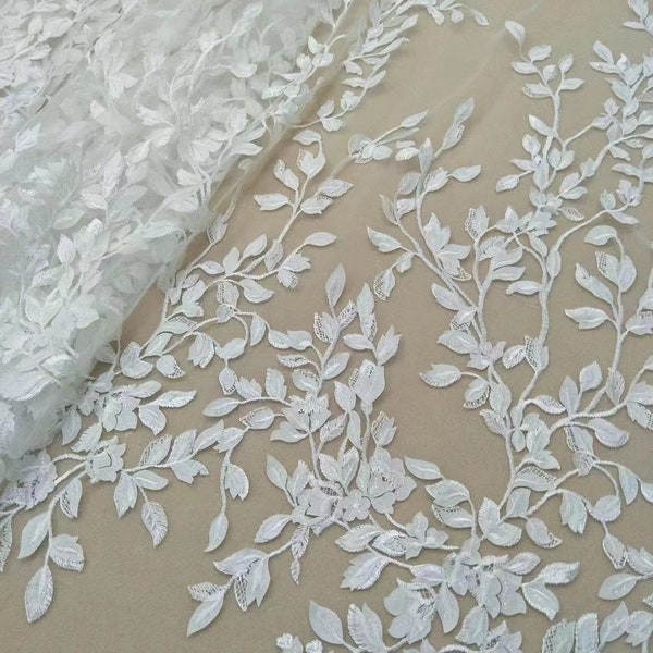 1 Yard Laser Cut Flower  Wedding Lace Embroidery Floral Off-White Drape Lace Fabric for Bridal Gown Dress Train Wedding Veils