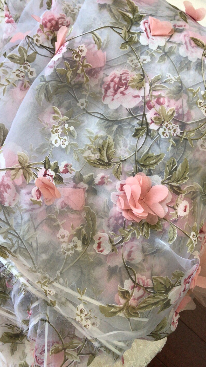 3D Organza lace fabric with Pink 3D chiffon rosette flowers Etsy