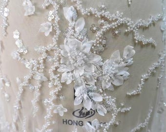 1 Yard 3D Bloem Ivoor Kralen Geometrische Streep Haute Couture Tule Kant Stof, Trouwjurk Bruidsjurk Avondkleding DIY