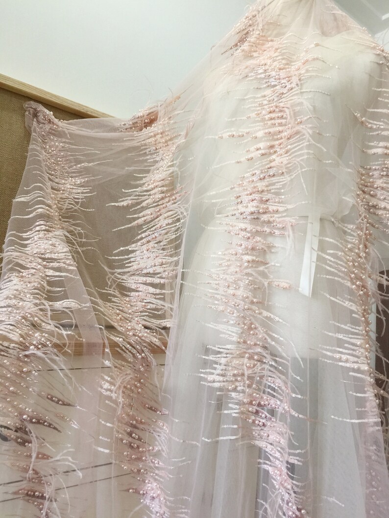 haute couture Prom Dress wedding gown 3D Pearl Sequin Beaded Lace Fabric with Ostrich feather for bridal veil