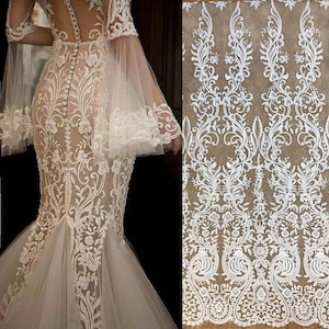 1 yard Exquisite Clear Sequin Bridal Lace Fabric , heavy bead lace fabric for bridal dress, embroidered bridal lace fabric