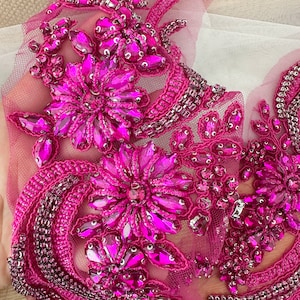 1 Pair Hot Pink Rhinestone Beaded Lace Applique Pair , Wedding Gown Bridal Emebllishment Accessories ,Crystal Bead Birdal Applique