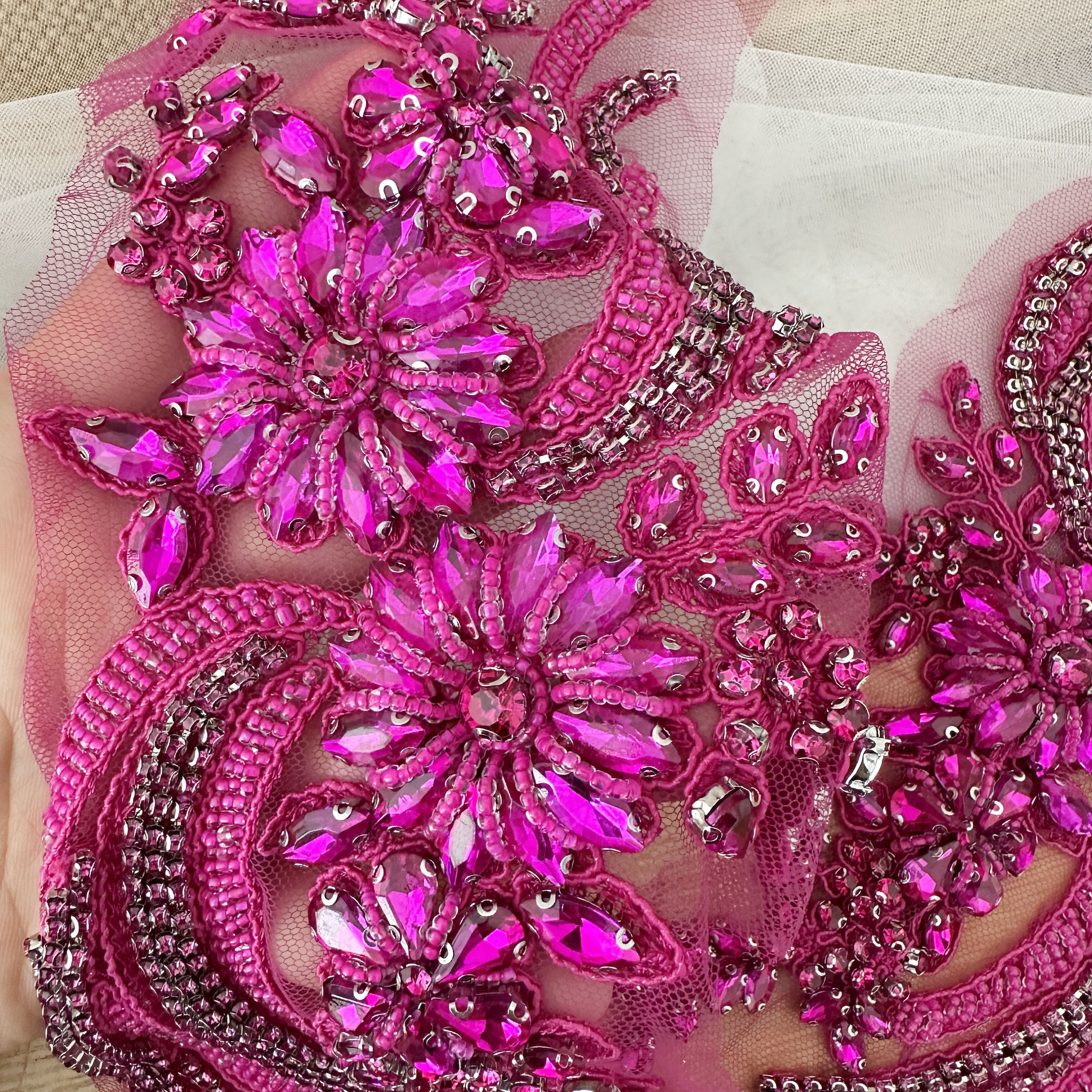 1 Pair Hot Pink Rhinestone Beaded Lace Applique Pair