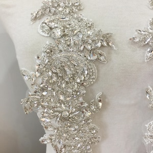 Full Crystal Rhinestone Beaded Applique Pair, Handmade Bridal Crystal Rhinestone Lace Statement for Bridal Sash Wedding Belt Gown Straps