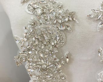 Full Crystal Rhinestone Beaded Applique Pair, Handmade Bridal Crystal Rhinestone Lace Statement for Bridal Sash Wedding Belt Gown Straps