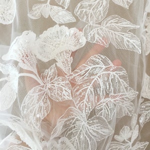 1 Yard 3D Pearl Beaded Flower Leaf Tulle Lace Fabric ,Couture Wedding Dress Bridal Lace Fabric by Yard