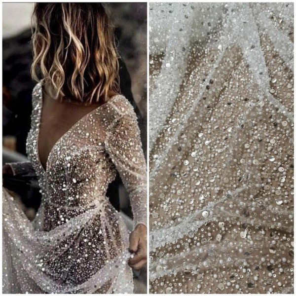 Heavy Beaded Couture Lace Fabric, 3D Pearl Flower Bridal Gown Lace