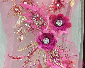 Hot pink 3D Sequin Beaded Flower Lace Applique for Bridal, Ballet, Dance Costumes Bridal Wedding Gown Applique, Bridal Dress Decor Bodice