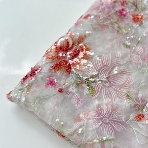 Tissu en dentelle à paillettes roses délicates, 1 mètre, tissu pour robe de soirée à paillettes colorées, rose poussiéreux, perles 3D