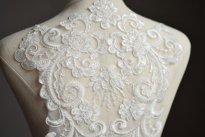 LARGE Heavy beaded bridal Applique IVORY lace beaded applique big size, Luxury wedding appliqué, Illusion back lace image 4