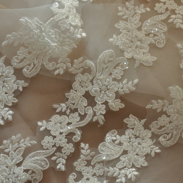 5 mètres de bordure en dentelle d'Alençon perlée ivoire, voile de mariée en dentelle, bordure en dentelle pour robe de mariée festonnée, bretelles de robe de mariée