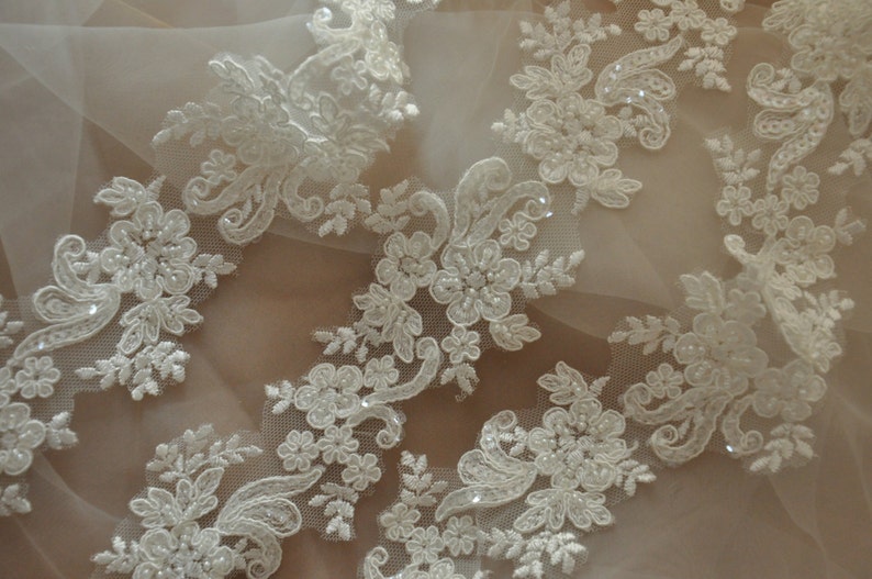 5 yards Ivory Beaded Alencon Lace Trim , Bridal Veil Lace, Scallop Wedding Gown Lace Trim , Bridal Dress Straps image 1